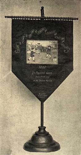 East Sussex Elementary Schools' Stoolball Challenge Banner. The centre panel is a representation of the game as played 200 years ago.